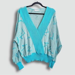 Vintage V-Neck Faux Wrap Batwing Sweater Barbie Retro Print - 80s West Germany!